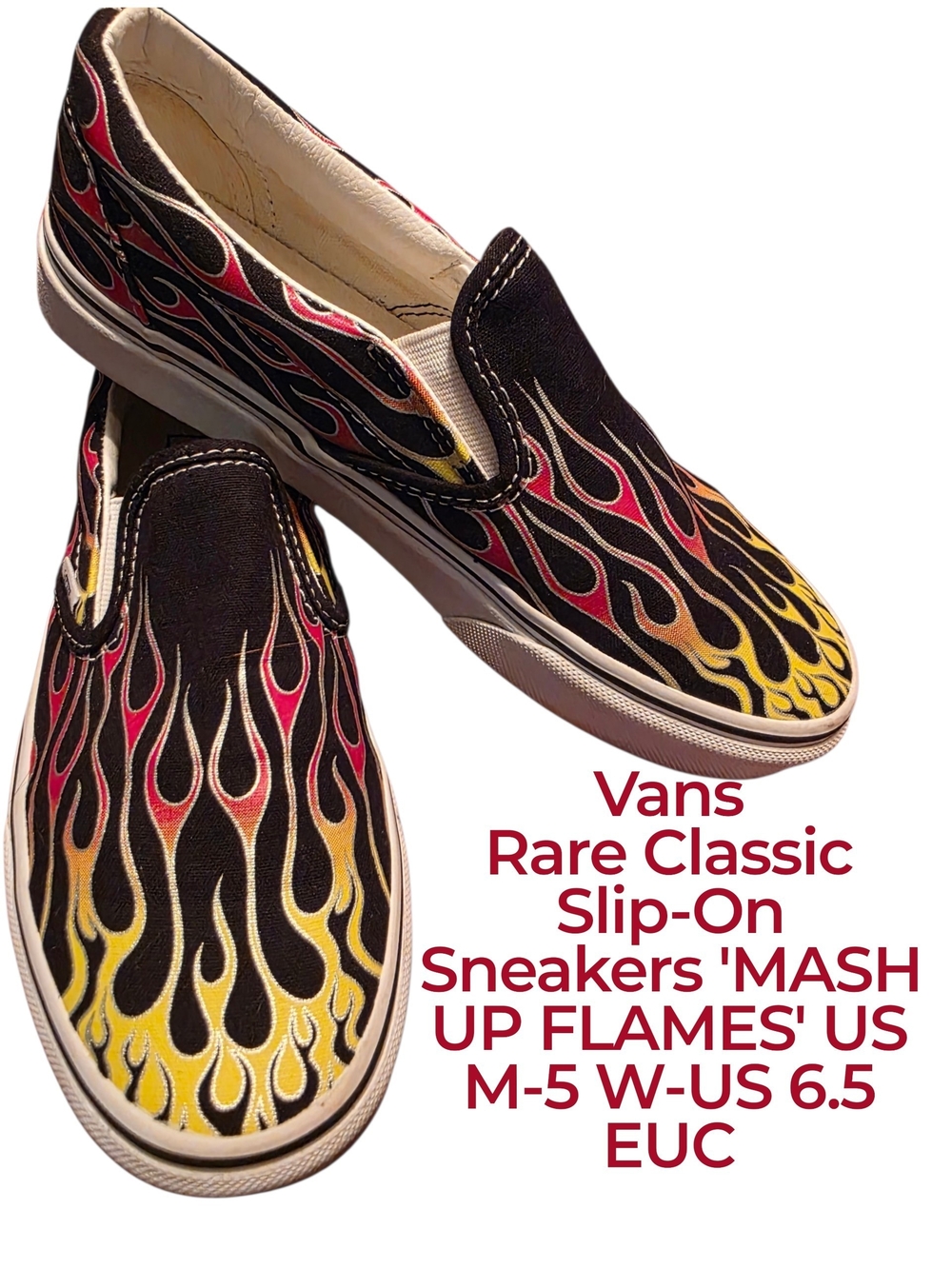 Vans Rare US M-5 US W-6.5 Black Slip-On Sneakers In 'MASH UP FLAMES' Euc